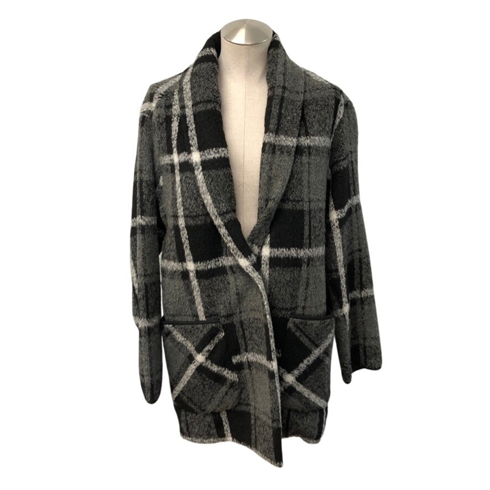 Everly Plaid Coat Womens Large Grey Black White Long Sleeve Shawl Collar Pockets